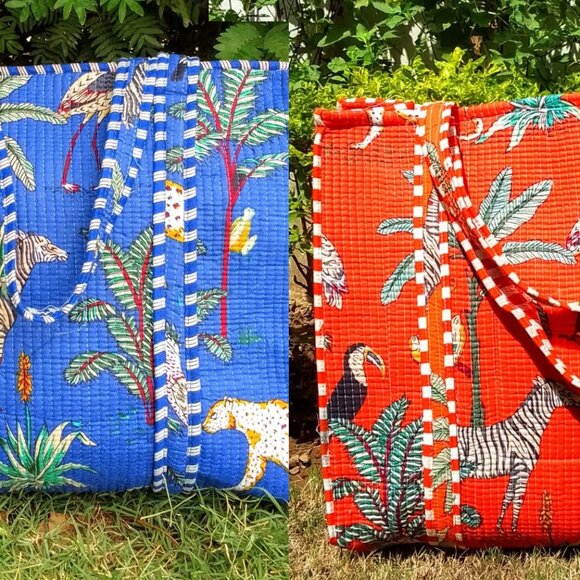 Jaipur Birds Handbags - Reusable Quilted Cotton Tote Bag – Set of 2 (Blue and Red)